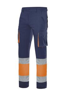 VELILLA V3030 - Pantalones multibolsillos dos tonos y alta visibilidad V3030 Navy/Fluo Orange